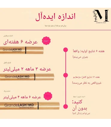 نمای بسته‌بندی اصلی سرم مژه Grande Lash-MD با درب طلایی و طراحی خاص برند گرند کازمتیکس و سایزهای مختلف