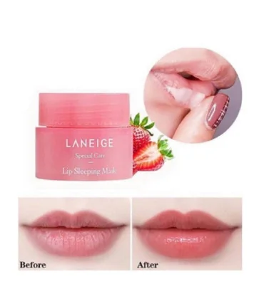 قبل و بعد از استفاده ماسک لب لانیژ توت فرنگی Laneige Lip Sleeping Mask before & after
