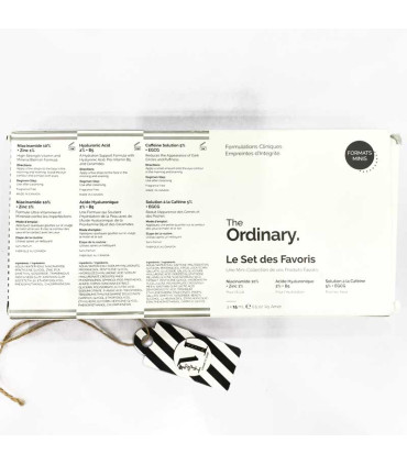 مشخصات و ترکیبات پشت جعبه ست محبوب‌ترین‌های اوردینری شامل نیاسینامید، هیالورونیک اسید و کافئین