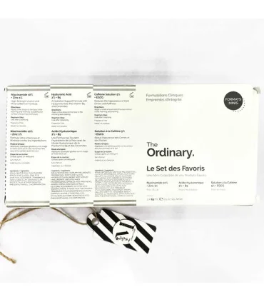 مشخصات و ترکیبات پشت جعبه ست محبوب‌ترین‌های اوردینری شامل نیاسینامید، هیالورونیک اسید و کافئین