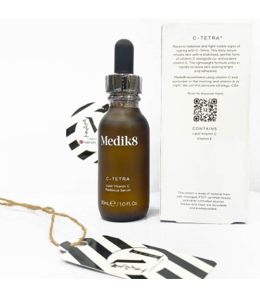 پشت جعبه سرم ویتامین سی مدیک 8 C-Tetra شامل ليست ترکيبات و مشخصات محصول