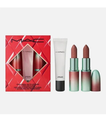 پک لب مک 2026 دوعدد رژ لب مات و یک لیپ گلاس|2M.A.CXIMAL MATTE LIPSTICKS + LIPGLASS CLEAR از نمای جلو