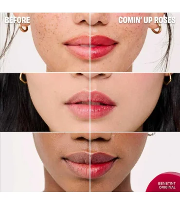 قبل و بعد از استفاده تینت لب و گونه بنفیت روی لب با پوست ها با رنگ مختلف - benefit benetint skin swatch on lips before&after