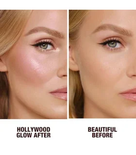 قبل و بعد از استفاده هایلایتر شارلوت تیلبری Hollywood Glow Glide مدل Pillow Talk Glow