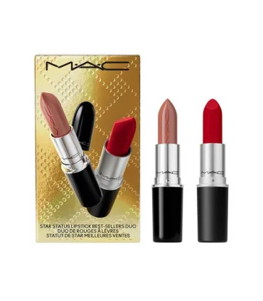 نمای کلی از پک دو عددی رژ لب MAC شامل رنگ‌های Ruby Woo (مات قرمز) و Thanks It’s MAC (براق نود مایل به صورتی)